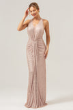 Glitter Blush Mermaid Halter Backless Long Prom Dress