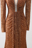 Sparkly Coffee V-Neck Sheath Sequins Long Prom Dress