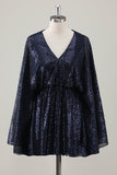 Sparkly Navy Short A-Line Holiday Party Dress with Long Sleeves