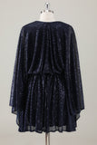 Sparkly Navy Short A-Line Holiday Party Dress with Long Sleeves