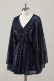 Sparkly Navy Short A-Line Holiday Party Dress with Long Sleeves