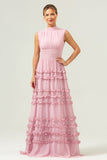 Blush A-Line Ruffled Chiffon Long Bridesmaid Dress with Open Back