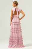 Blush A-Line Ruffled Chiffon Long Bridesmaid Dress with Open Back