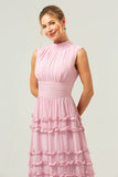 Blush A-Line Ruffled Chiffon Long Bridesmaid Dress with Open Back