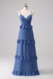 Dark Blue Spaghetti Straps Tiered A-Line Bridesmaid Dress