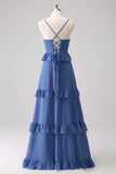 Dark Blue Spaghetti Straps Tiered A-Line Bridesmaid Dress