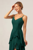 Dark Green A-Line Spaghetti Straps Chiffon Long Bridesmaid Dress with Ruffles