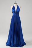 Royal Blue A Line Halter Pleated Long Prom Dress