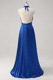 Royal Blue A Line Halter Pleated Long Prom Dress