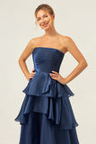 Dark Navy A Line Strapless Tiered Satin Long Prom Dress