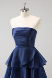 Dark Navy A Line Strapless Tiered Satin Long Bridesmaid Dress