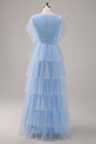 Grey Blue A-Line V Neck Tiered Tulle Long Bridesmaid Dress with Slit