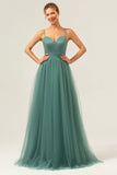 Eucalyptus Spaghetti Straps Tulle A-Line Long Bridesmaid Dress