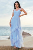 Blue Tulle Corset Bridesmaid Dress with Ruffles