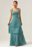 Eucalyptus A-Line Spaghetti Straps Chiffon Pleated Tiered Bridesmaid Dress