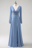 A Line Grey Blue V-Nack Chiffon Bridesmaid Dress with Long Sleeves