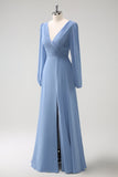 A Line Grey Blue V-Nack Chiffon Bridesmaid Dress with Long Sleeves