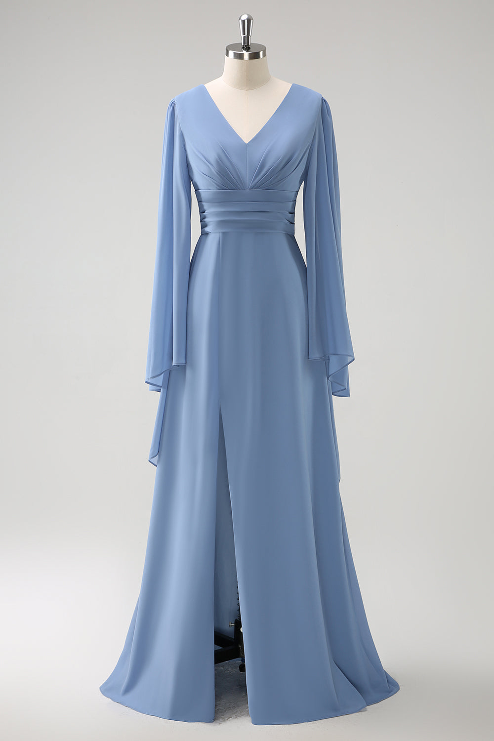 Zapaka Women Grey Blue Bridesmaid Dress With Slit A Line Long Sleeves Chiffon Wedding Guest Dress, Grey Blue / US8 Zapaka Women Grey Blue Bridesmaid Dress With Slit A Line Long Sleeves Chiffon Wedding Guest Dress, Grey Blue / US8