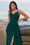 Dark Green A Line Spaghetti Straps Ruched Long Bridesmaid Dress with Slit