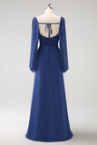 Dark Blue Sheath Corset Chiffon Long Sleeves Long Choir Dress with Slit