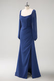 Dark Blue Sheath Corset Chiffon Long Sleeves Long Choir Dress with Slit
