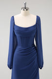 Dark Blue Sheath Corset Chiffon Long Sleeves Long Choir Dress with Slit