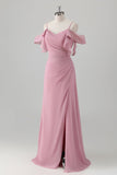 Pink A-line Cold Shoulder Chiffon Bridesmaid Dress with Slit