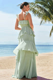 Light Green A-Line Tiered Chiffon Corset Long Bridesmaid Dress