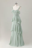 Light Green A-Line Ruffle Tiered Chiffon Corset Long Bridesmaid Dress