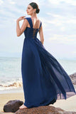 A-Line Square Neck Corset Dark Blue Long Bridesmaid Dress with Lace Up Back