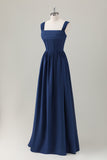 Dark Blue A-Line Square Neck Corset Long Bridesmaid Dress with Lace Up Back