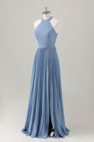 Grey Blue A-Line Halter Long Bridesmaid Dress with Slit