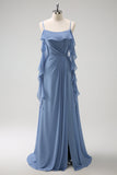 Grey Blue A-Line Spaghetti Straps Chiffon Long Bridesmaid Dress with Slit