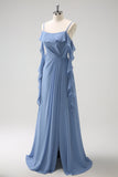 Grey Blue A-Line Spaghetti Straps Chiffon Long Bridesmaid Dress with Slit