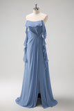 Grey Blue A-Line Spaghetti Straps Chiffon Long Bridesmaid Dress with Slit