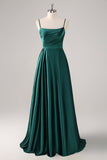 A-Line Dark Green Spaghetti Straps Satin Ruched Long Bridesmaid Dress