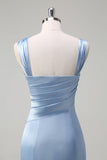 Elegant Sky Blue Sheath Pleated Satin Long Bridesmaid Dress With Slit