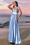 Sky Blue A-Line Spaghetti Straps Ruched Split Long Bridesmaid Dress with Lace Up Back