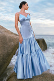 Sky Blue A-Line Spaghetti Straps Backless Satin Long Bridesmaid Dress