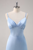 Sky Blue A-Line Spaghetti Straps Satin Long Bridesmaid Dress