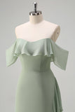 Light Green Mermaid Off the Shoulder Ruffled Bridesmaid Dress with Slit