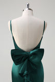 Dark Green Mermaid Spaghetti Straps Satin Bow Ruffle Long Bridesmaid Dress