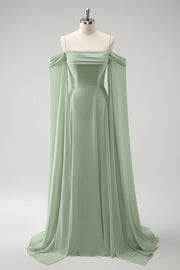 Light Green Cold Shoulder Detachable Sleeves A-Line Chiffon Long Bridesmaid Dress