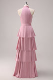 Pink Halter Tiered A-Line Bridesmaid Dress with Sash