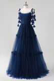 Navy A-Line Spaghetti Straps Flowers Corset Ruffles Tulle Long Bridesmaid Dress