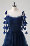 Navy A-Line Spaghetti Straps Flowers Corset Ruffles Tulle Long Bridesmaid Dress