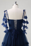 Navy A-Line Spaghetti Straps Flowers Corset Ruffles Tulle Long Bridesmaid Dress