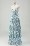 White Blue Flower A Line Tiered Spaghetti Straps Bridesmaid Dress