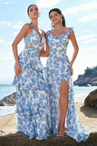White and Blue Flower A-Line Spaghetti Straps Hollow Out Print Bridesmaid Dress