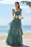 ZAPAKA Women Eucalyptus Bridesmaid Dress with Ruffle Slit A-Line Corset Tiered Long Wedding Party Dress